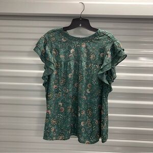 DR2 Teal Floral Ruffle Sleeve Blouse